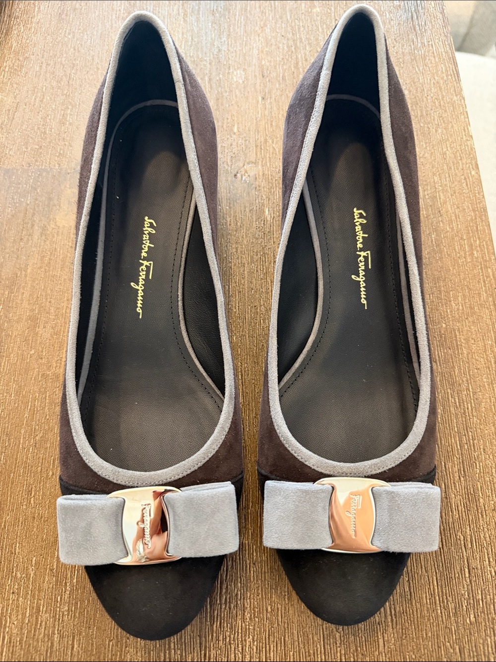 Salvatore Ferragamo Black and Gray and Brown Suede Bow Flats- Brand New